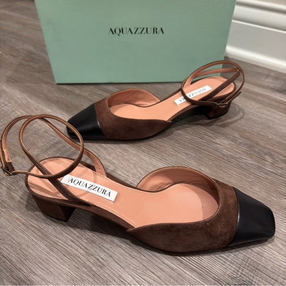 Aquazzura Shoes - Aquazzura French Flirt Pump 35mm Espresso Suede Black Leather Cap Toe